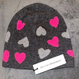 White + Warren Cashmere Heart Intarsia Beanie Charcoal Gray Neon Pink Hat OS